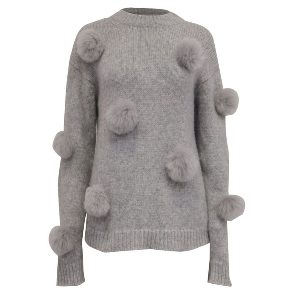Tibi Fur Pom-Pom Embellished Knitted Sweater in Grey Alpaca Wool